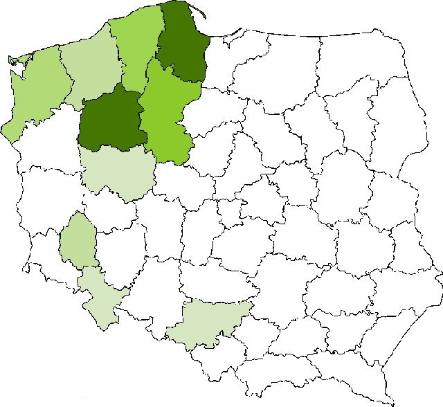 map of distribution of last name Rogenbuk in Poland in about 1990